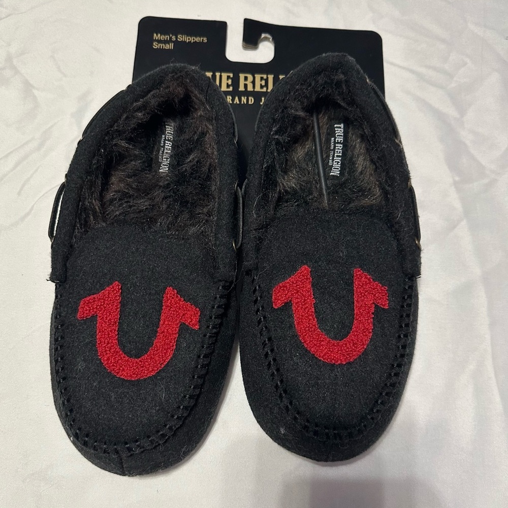 True Religion Moccasins Black Red Men's Sandals Slippers Fur Lined Size Men S.